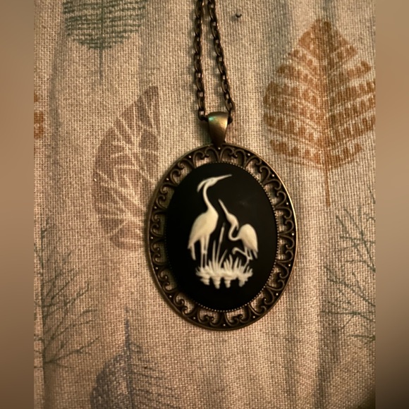 Handmade Goth/Whimsygoth/Witchy Crane/Heron Cameo 
Vintage Inspired Necklace - Picture 2 of 4